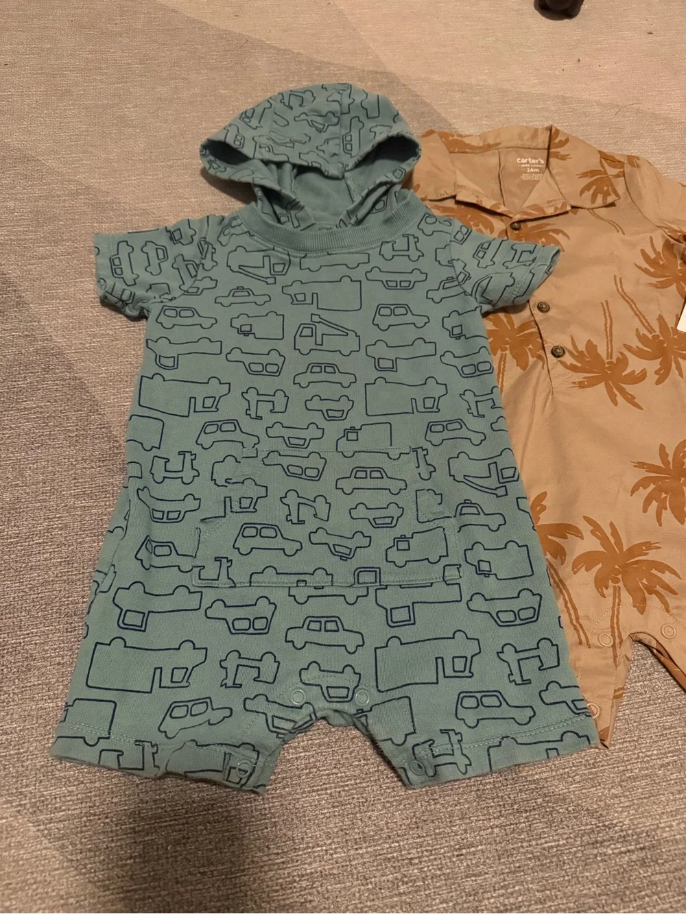 Lot Of Four Toddler Boy Romper Bundle Carters 24 Month Tropical, Cars, Shark